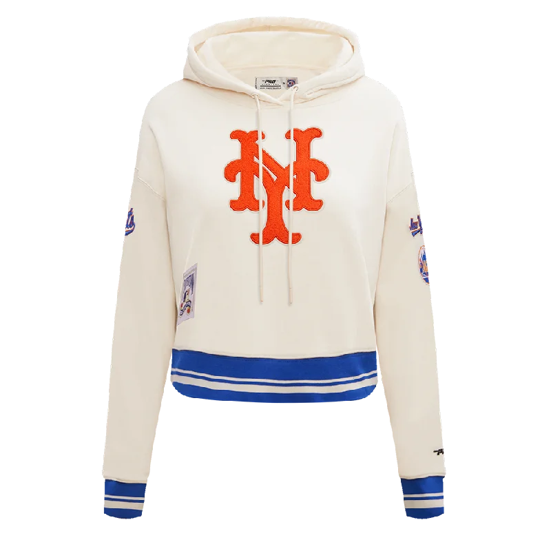 MLB NEW YORK METS RETRO CLASSIC WOMEN'S RIB CROPPED PO HOODIE (EGGSHELL/ROYAL BLUE)