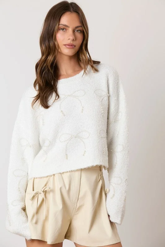 Embellished Pearl Bow White Sweater