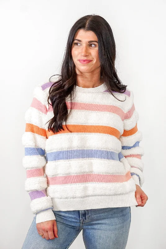 Fuzzy Striped Cream Multicolor Sweater