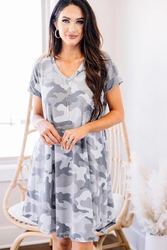 All The Fun Gray Camo Dress