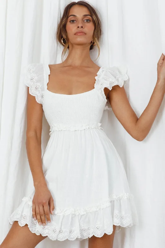 Bay Breeze Frill Shoulder Shirred Bodice Dress White