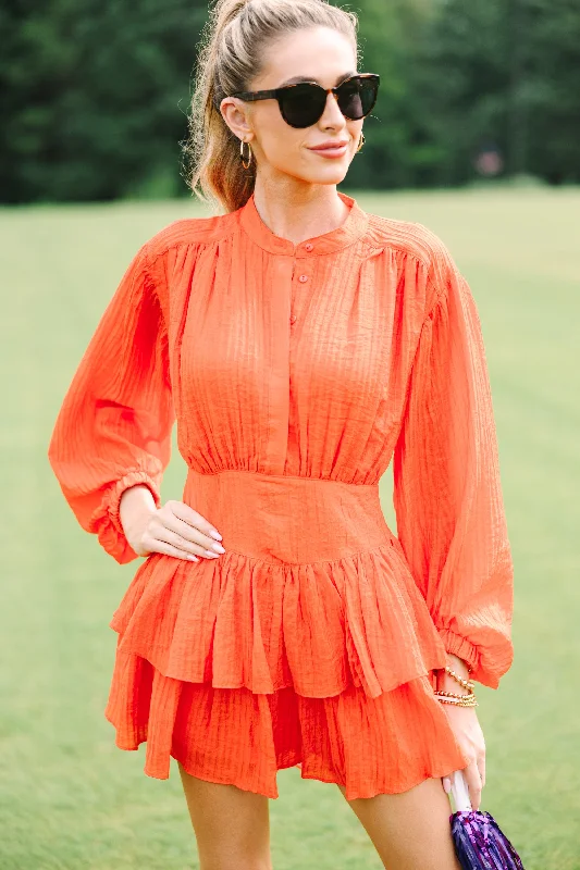 Olivaceous: Contain Your Joy Orange Pleated Dress