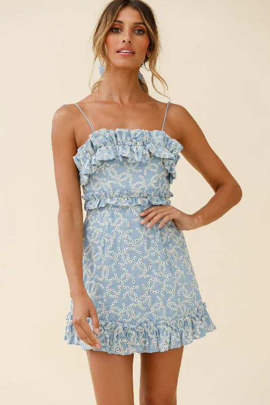 Frill Seeker Eyelet Embroidery Tied Back Dress Denim Blue