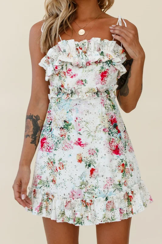 Frill Seeker Eyelet Embroidery Tied Back Dress Floral Print Multi