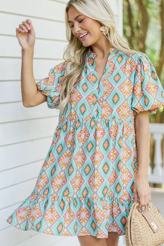 Go With The Flow Mint Green Printed Dress