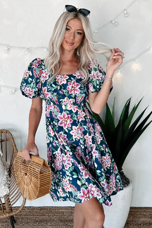 Graceful Blooms Floral Mini Dress (Navy)