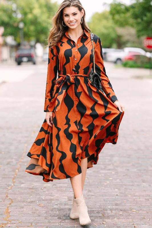 It's Your Time Brown Abstract Midi Dress