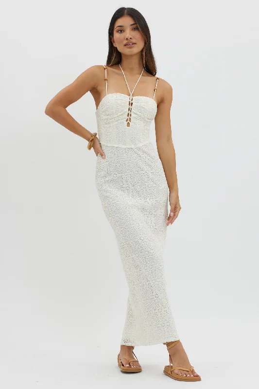 Namaste Bead Strap Lace Midi Dress White