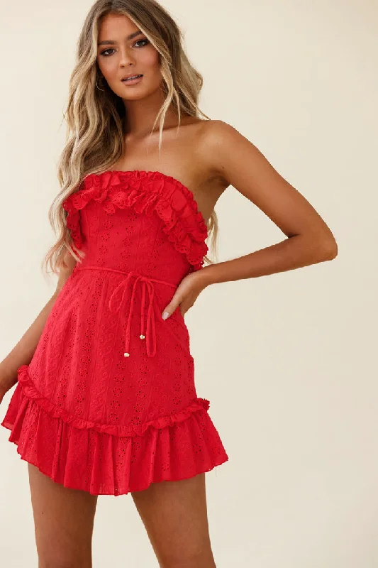 Running Through Your Mind Eyelet Embroidery Bandeau Dress Red