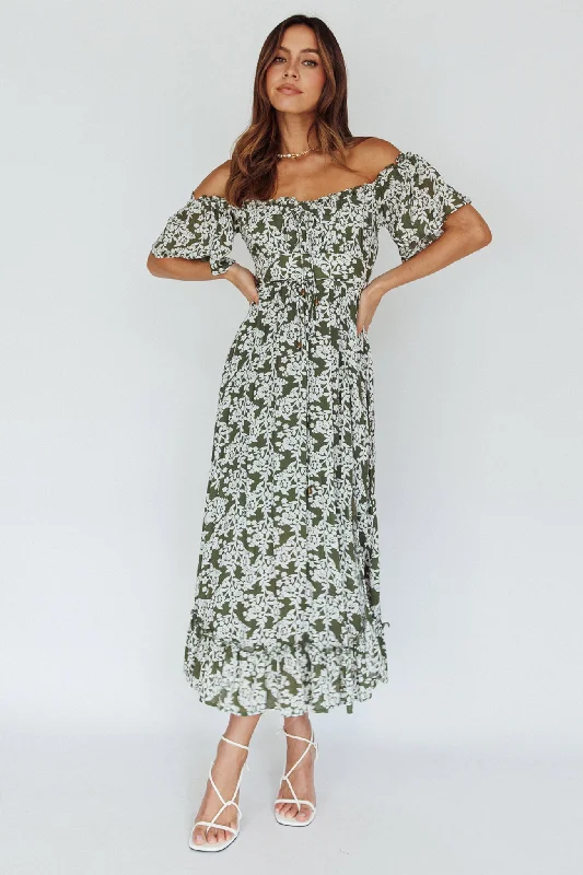 Voyager Off-Shoulder Bell Sleeve Midi Dress Floral Green